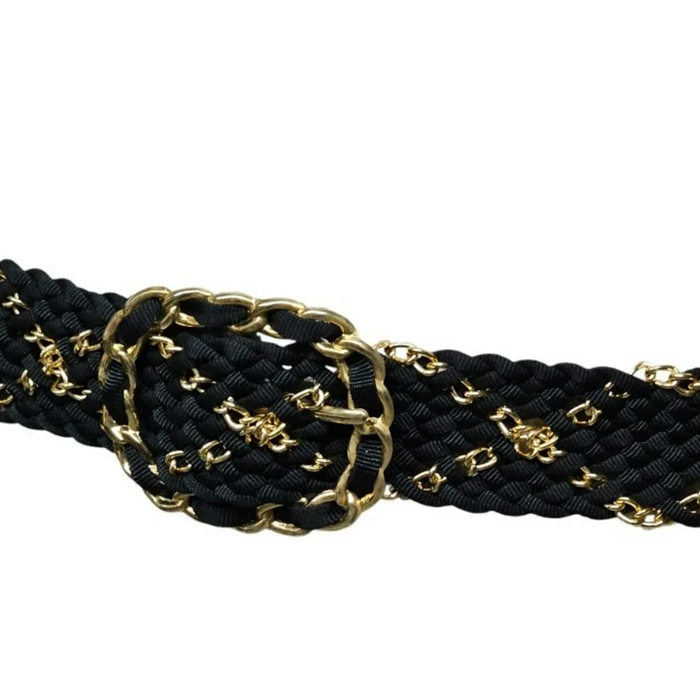 Vintage ROC Wide Black Gold Braided Chain Fashion Belt 80s 90s L /42" Glam - Picture 3 of 8